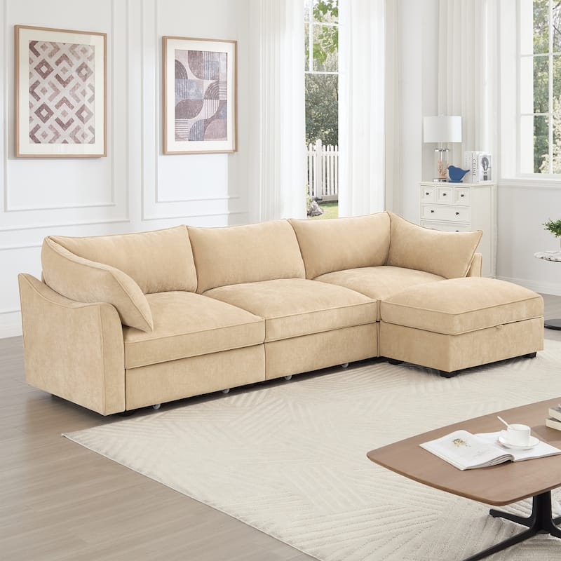 L-Shaped 3-Seater Sectional Sofa Couch with 1 Movable Ottoman & Drawers