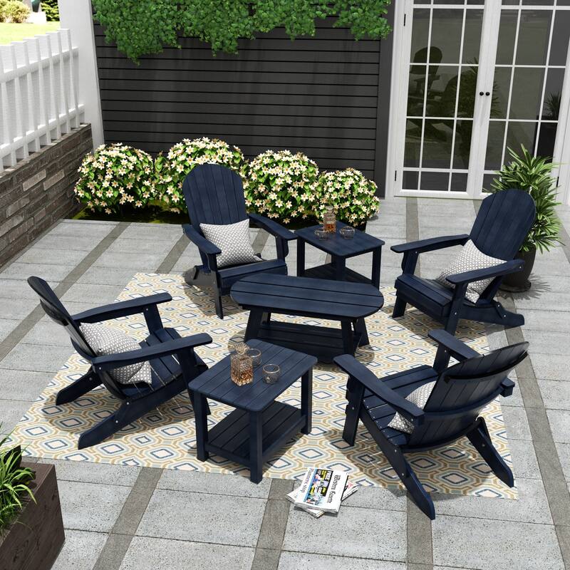 Vineyard HIPS Outdoor Folding Eco-Friendly All Weather Seashell Adirondack Chairs (7-Piece Conversation Set) - Navy
