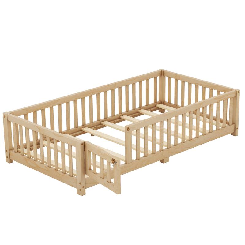 Pine Wood Floor Bed with Safety Guardrails and Door for Kids, Boys, Girls, Bedroom