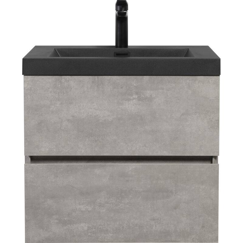 Wall-Mounted Bathroom Vanity with Gray Storage Cabinet, Matte Black Quartz Sand Sink, Soft-Close Hinges - 23.62in L Melamine