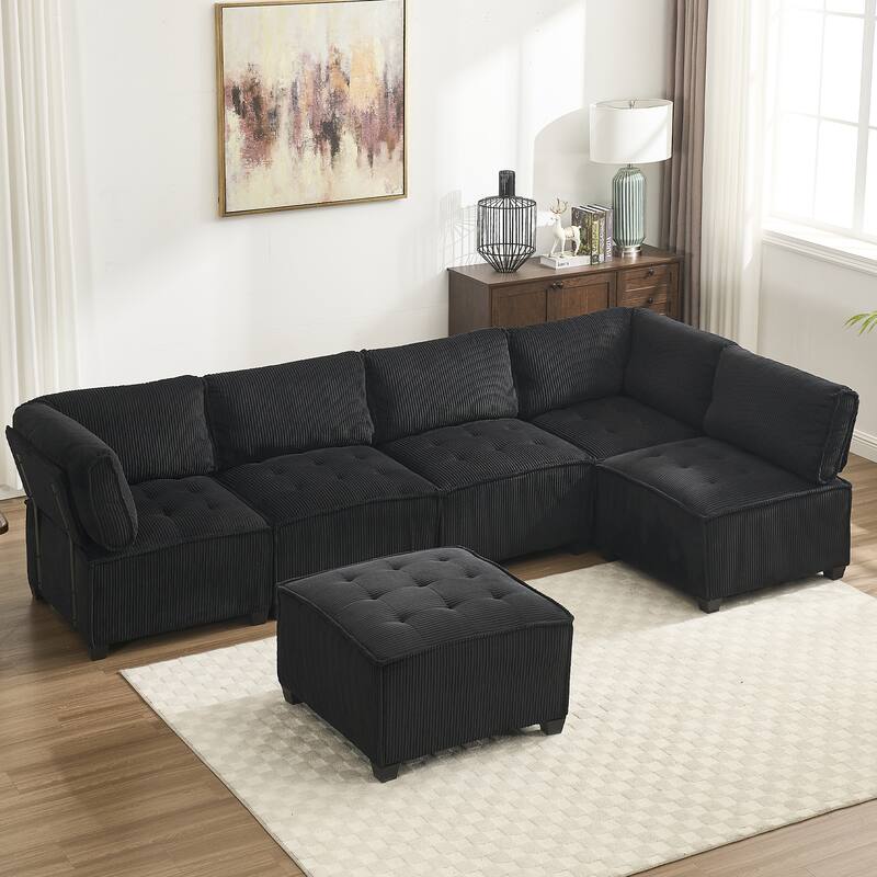 121.26" Corduroy Modular Sectional Sofa 6- Seat U Shaped Couch with Reversible Chaise and Ottoman