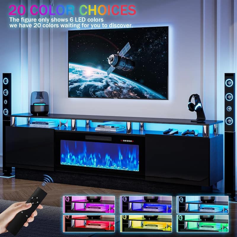 BOSSIN Modern 80" TV Stand with 36" Fireplace & LED Lights for TVs Up to 90", White with Golden Pillars, Storage Cabinets