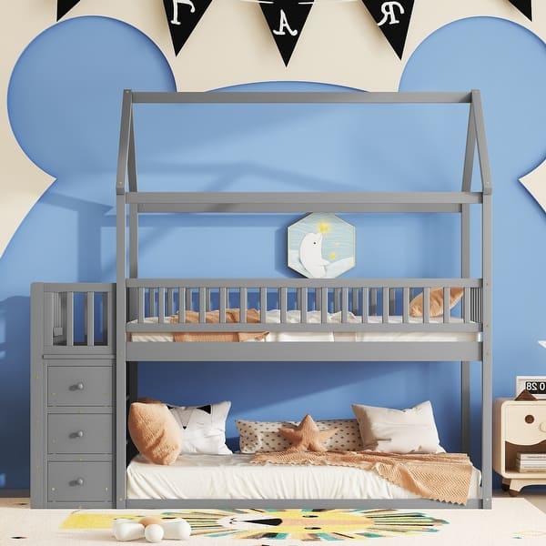 slide 2 of 10, Twin over Twin House Bunk Bed with Storage Shelves and Drawers, Full-Length Guardrails Upper Bunk Grey