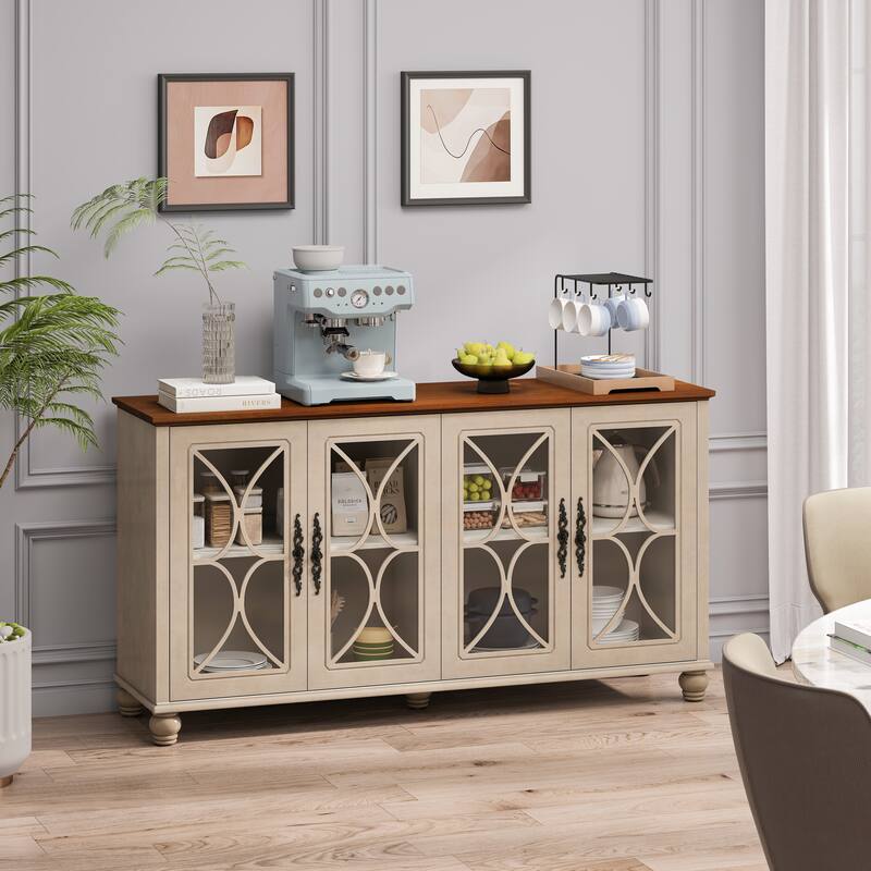 Buffet Cabinet with 4 Tempered Glass Doors, Wooden Accent Console Table, Large Sideboard with Adjustable Shelves - Beige