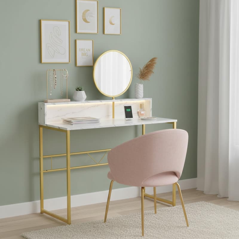 Homylin 41" Modern Vanity Table with Round Mirror, White Marble & Gold - White