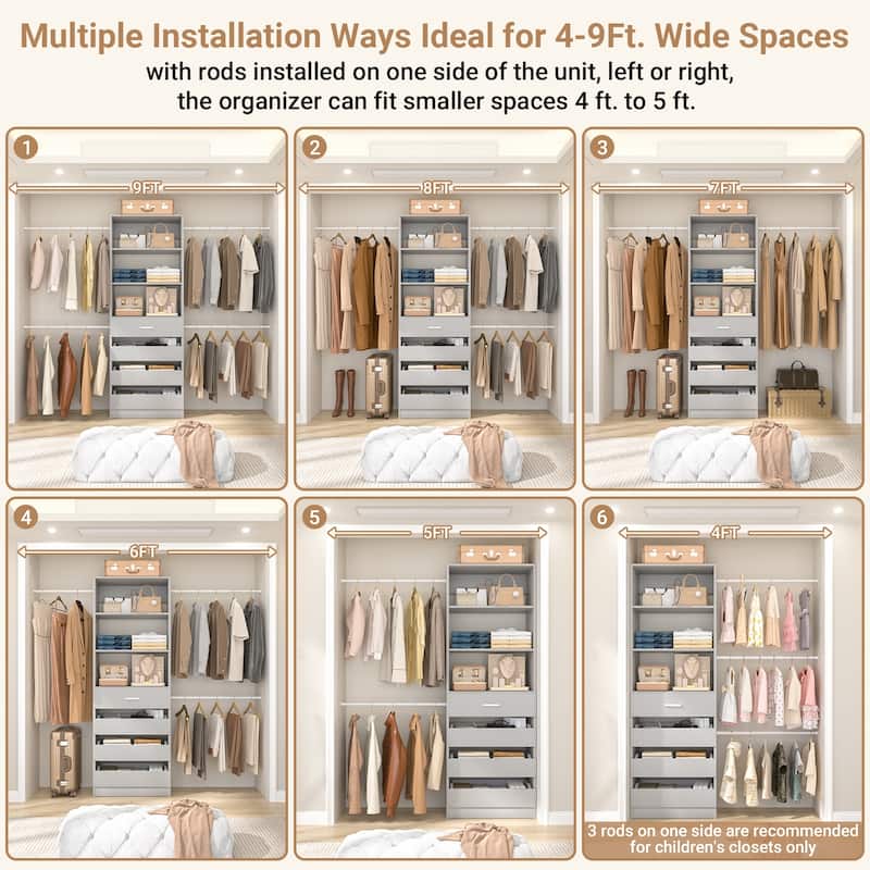 Modular Closet System Wardrobe Organizer 4 Adjustable Hanging Rods + 4 Wooden Drawers, Space-Saving for 4-9Ft Closets