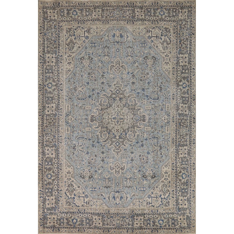 Light Blue Geometric Tabriz Persian Rug Hand-Knotted Wool Carpet - 6'7"x 9'4"