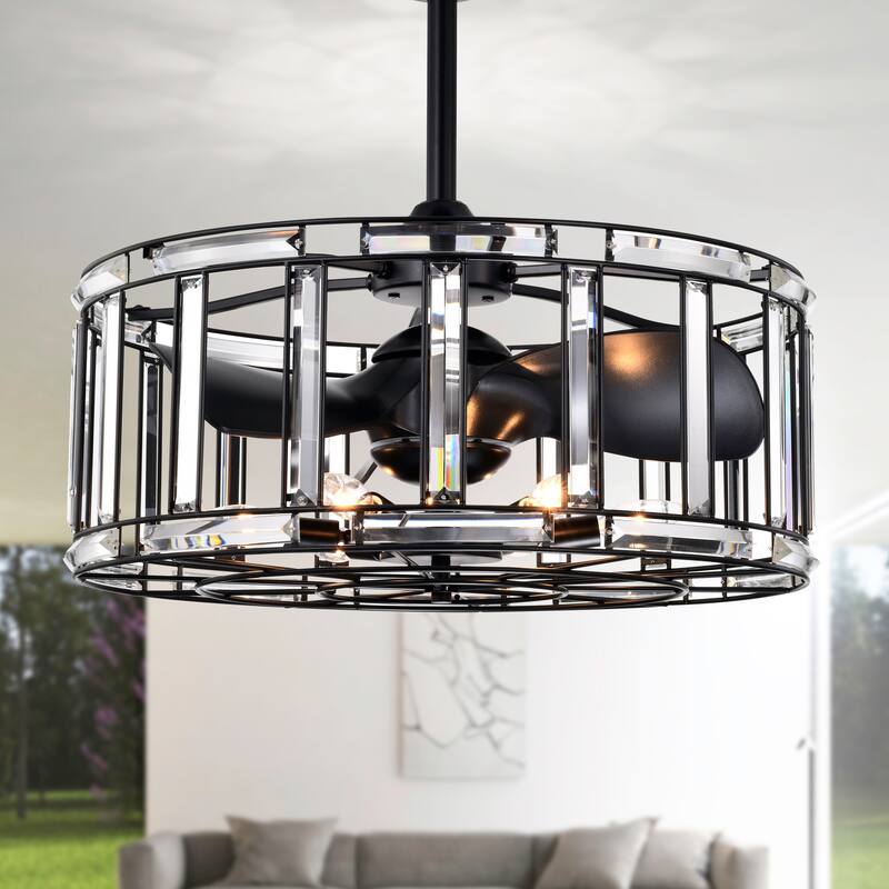 Livia 25 Inch Elegant and Glam Style Matte Black Finish Crystal Lighted Ceiling Fandelier with Remote