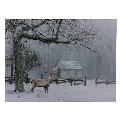 Lighted Winter Cottage Forest Scene Christmas Canvas Wall Art 11.75" x 15.75"