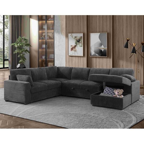 Modern Corduroy Sectional With Storage Chaise Lounge