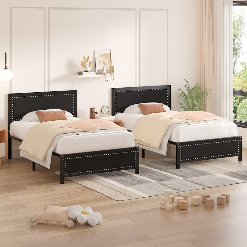 2 Pack Twin Upholstered Bed Set 40" Wide Bed with Nailhead Trim 12.6" Underbed Space & Padded Headboard Footboard