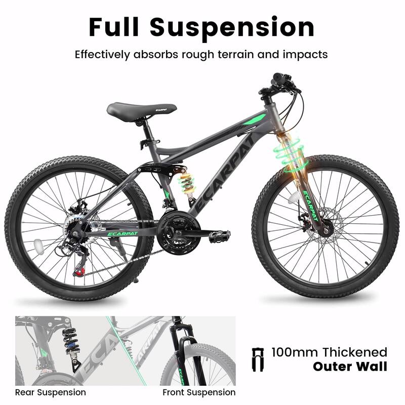 4" Mountain Bike - Full Suspension, 21-Speed Shifter with Gear Indicator, High Carbon Steel Frame