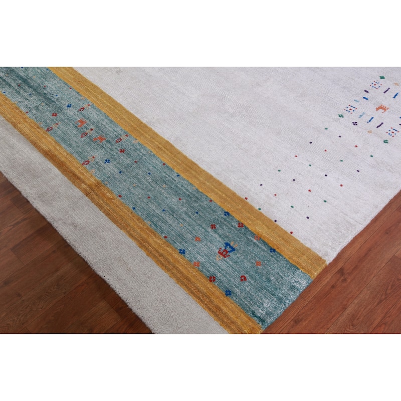 Silver Gray Gabbeh Rug Hand-Knotted Wool Carpet - 9'4" x 12'1"