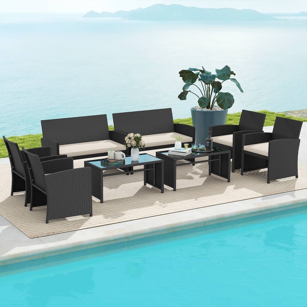 Gymax Set of 8 Patio Conversation Set w/Seat Cushions & Tempered Glass