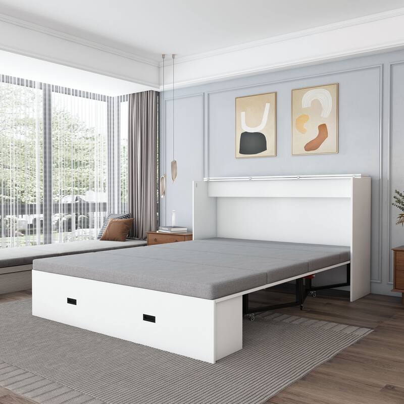 Full Size Foldable Murphy Bed Cabinet with Storage and Charging