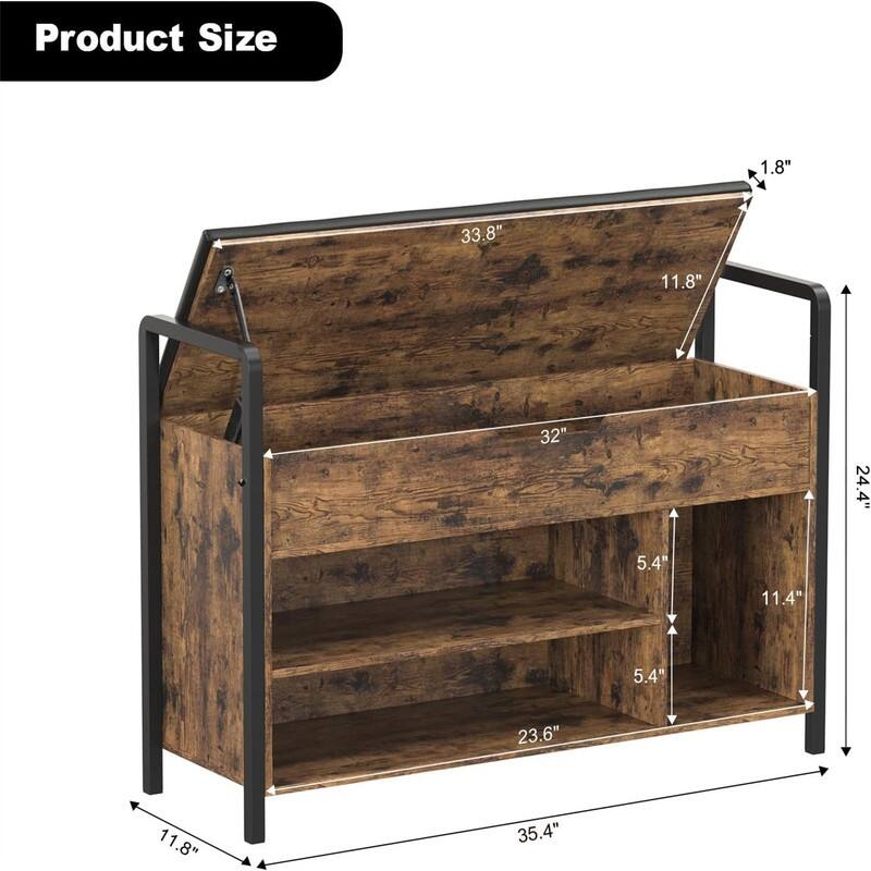 Wooden Shoe Cabinet with Cushion- Shoe Bench - 35.4"D x 11.8"W x 24.4"H