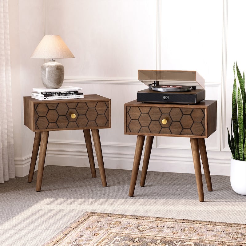 SUNBURY Morden Brown Nightstand with Drawer (Set of 2) - 2Pieces-Honeycomb - 1-drawer