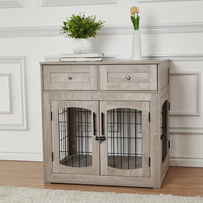 Dog Crate Furniture with Cushion & 2 Drawers - Grey - L