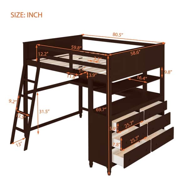 Full Size Wooden Loft Bed with Drawers, Desk and Shelves - Bed Bath ...