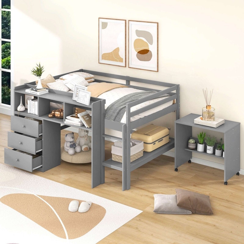Full Size Low Loft Bed with Rolling Portable Desk Drawers and