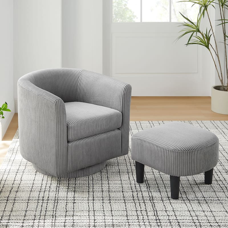Swivel Accent Chair 360° Comfy Recliner Corduroy Arm Chair Single Sofa with Ottoman for Living Room Bedroom - Grey