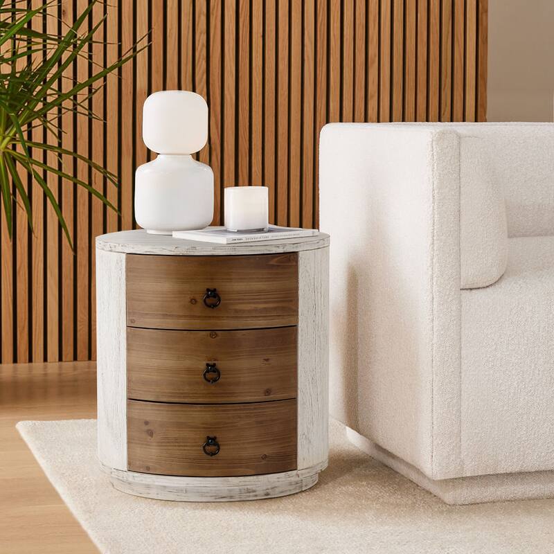 COSIEST Modern Round Solid Wood Storage Chest, Nightstand with 3 Drawers - White/Brown - 3-drawer