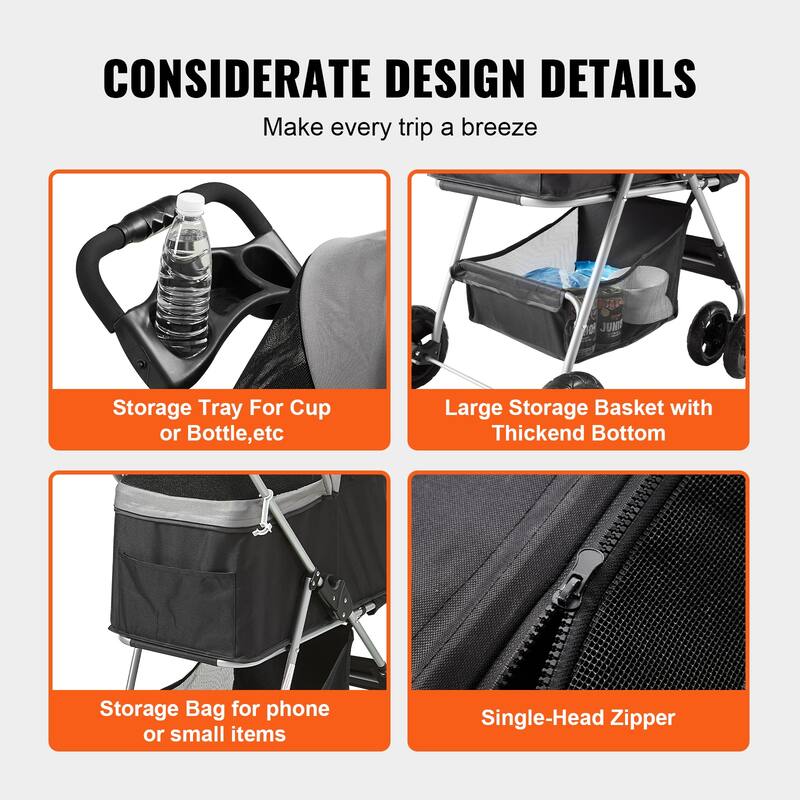 Pet Stroller with Breathable Mesh Windows and Height-Adjustable Height