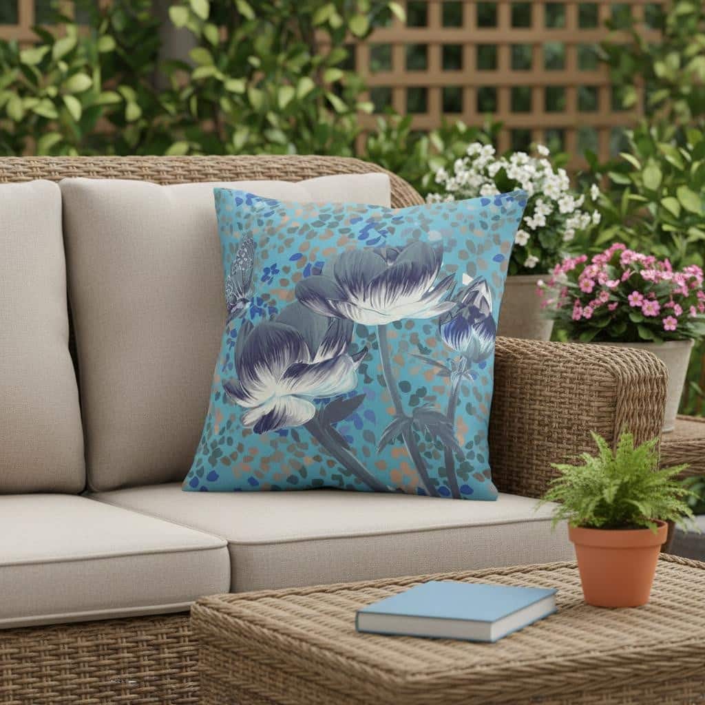 HomeRoots 26" x 26" Blue and Green Butterfly Blown Seam Floral Indoor Outdoor Throw Pillow - 26.00' X '5.00' X '26.00