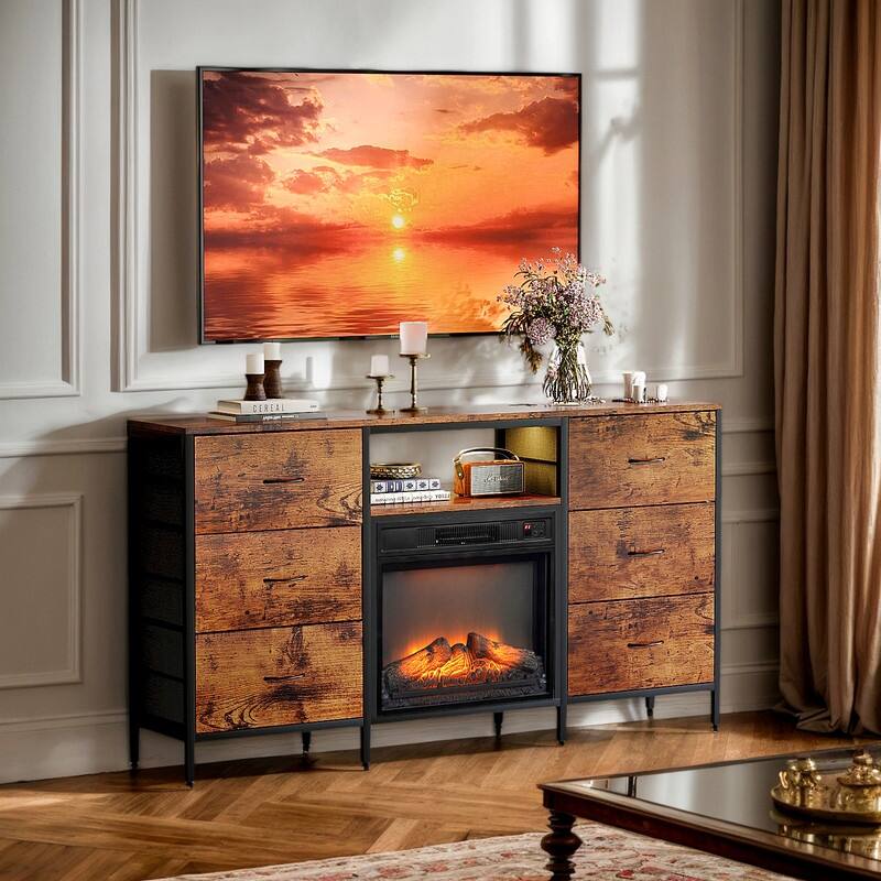 Farmhouse 58'' TV Stand For Tvs Up To 70'' With Electric Fireplace And 6-Drawer