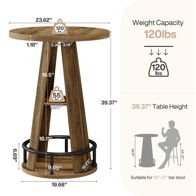 Rustic Wooden High Pub Table, Round Counter Height Bar Table
