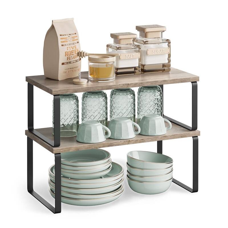 Set of 2 Two-Tier Wooden Kitchen Counter Shelves Organizers Perfect for Small Space