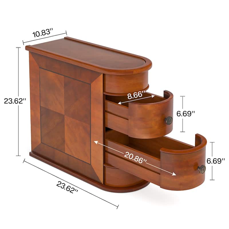 Brown Oak Wooden Side Table with 2 Storage Sliding Drawers for Living Room or Bedroom - 10.83”L x 23.62”W x 23.62”H