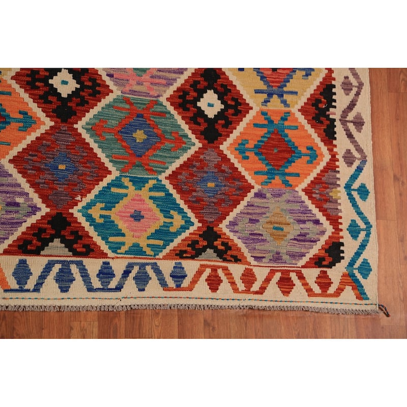 Geometric Kilim Oriental Area Rug Hand-Woven Multi-Color Wool Carpet - 8'9"x 9'7"