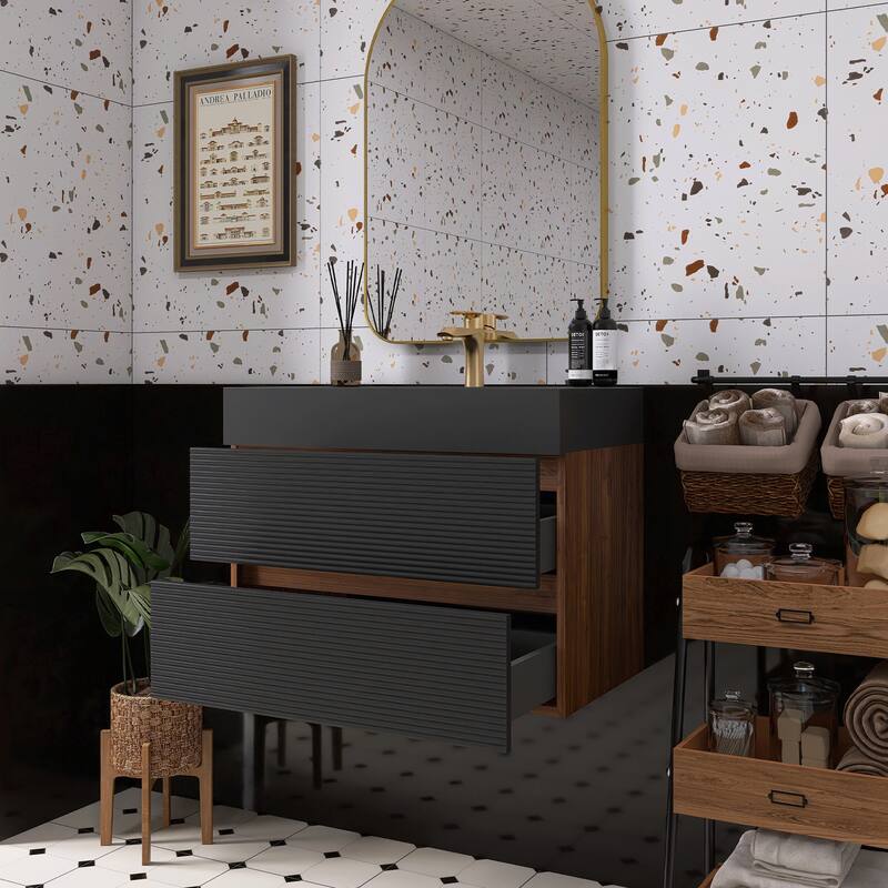 Wall Mounted Bathroom Vanity with Solid Surface Sink and Soft Drawers