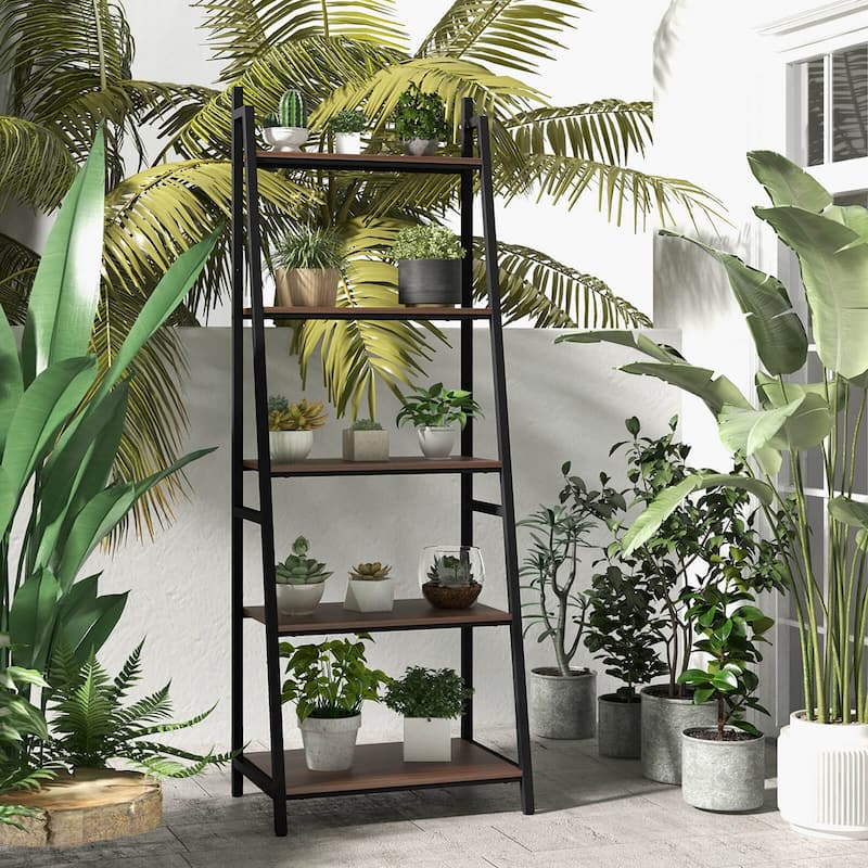 Costway Industrial Ladder Shelf Rustic 5 Tier Leaning Bookshelf Wood - See Details