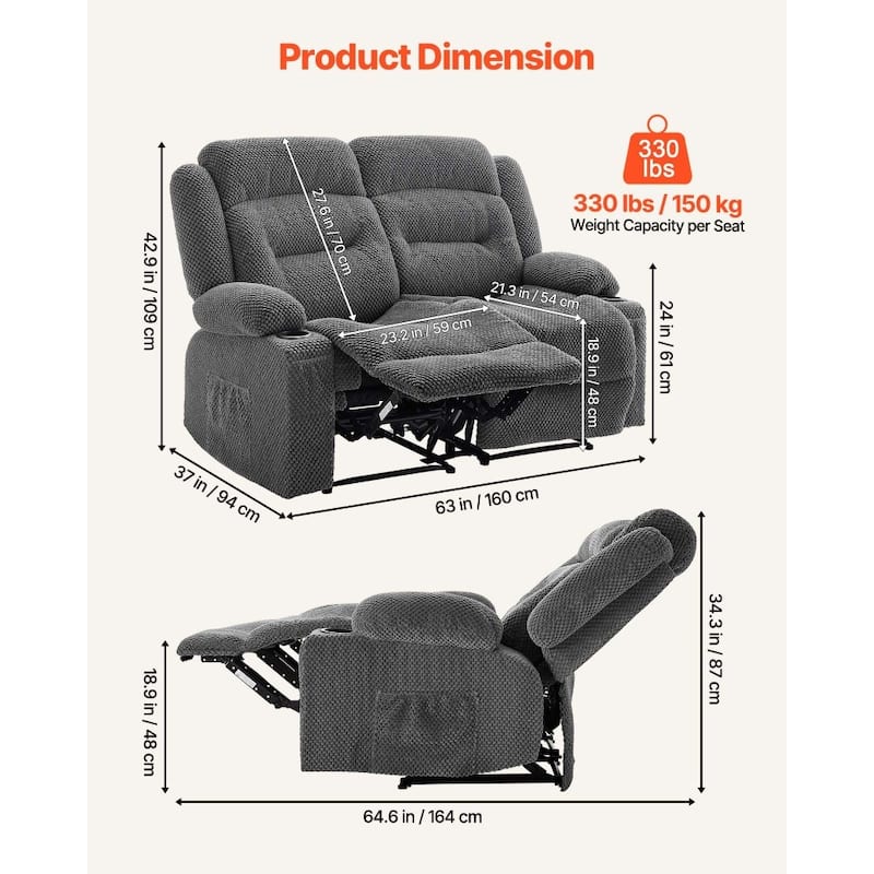 Grey Corduroy Recliner Loveseat with Vibration Massage, Lumbar Heat and USB Ports - 63 x 37 x 42.9 in