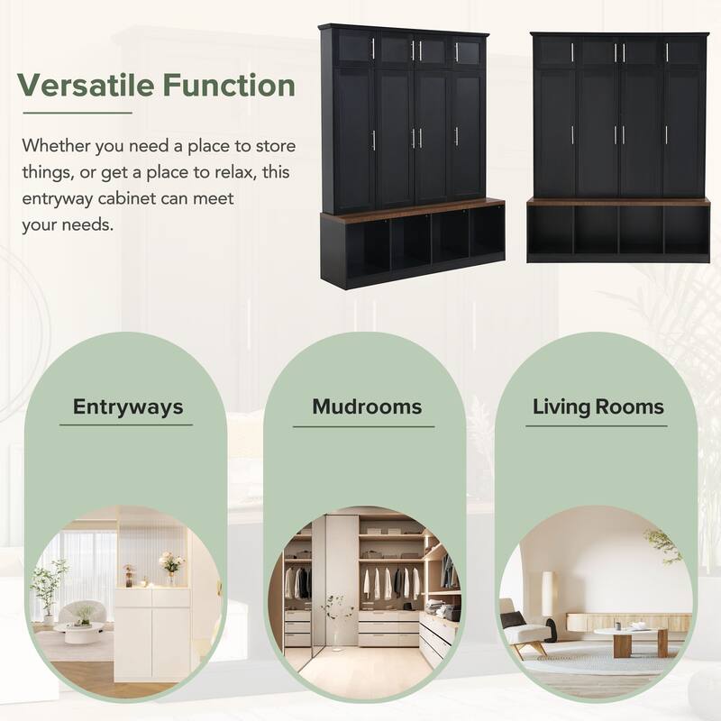 Hall Tree Storage Cabinet with 4 Hidden Hooks, Bench, and Open Compartments