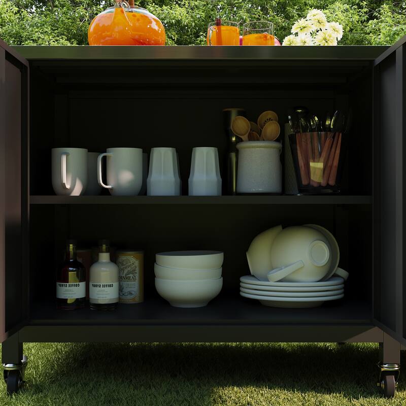 Outdoor BBQ Grill Table with Storage Cabinet, Black Steel Frame Bar Cart Kitchen Table