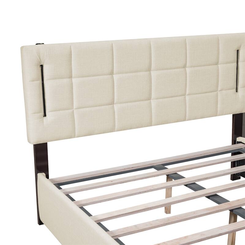 Queen Size Upholstered Bed with Hydraulic Storage System and LED Light