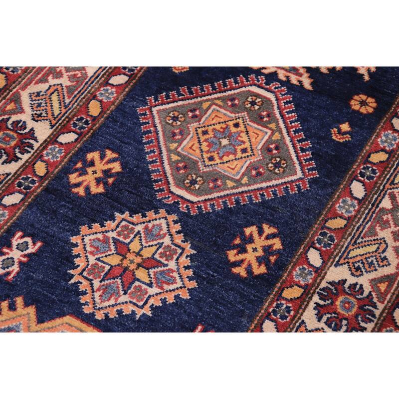 Caucasian Super Kazak Leilani Blue/Beige Hand Knotted Wool Runner - 2'9'' x 9'8''