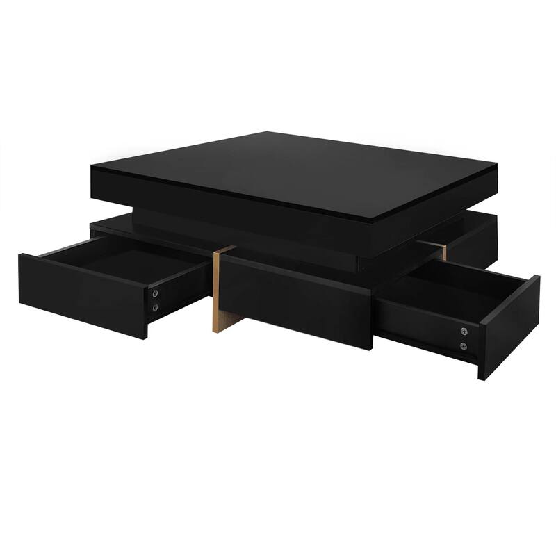 High Gloss Storage Coffee Table for Indoor with 4 Drawers, Square Cocktail Tea Table with Wood Legs, Office Lounge Table