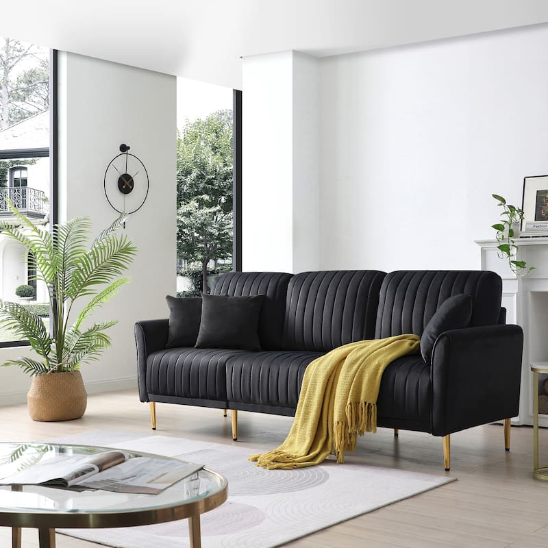 3-Seat Sofa Velvet Upholstered Living Room Tufted Back Couch Sofa with Reversible Cushions and Metal Legs, Includes Pillows - Black