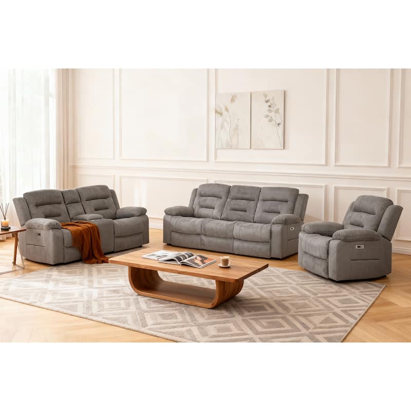3-Piece Modular Power Recliner Fabric Sofa Set with USB & USB-C Charging For Livingroom - Grey