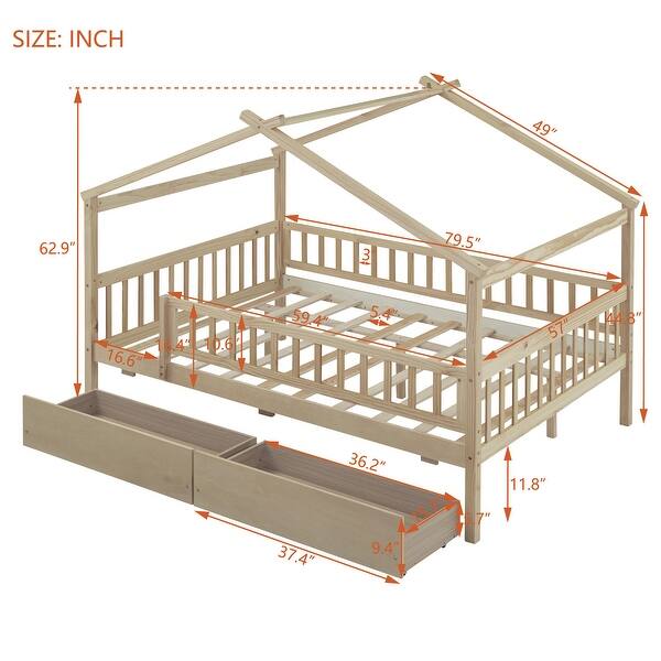 Full Size Wooden House Bed with Two Drawers and Fence, Natural