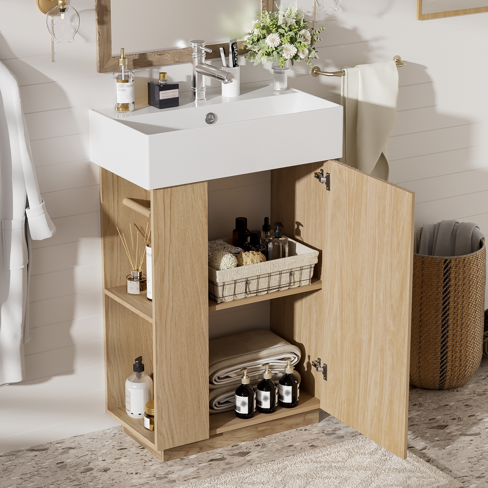 22" Bathroom Vanity with Ceramic Sink - Freestanding Modern Wood Grain Cabinet, Open & Closed Storage for Small Bathrooms