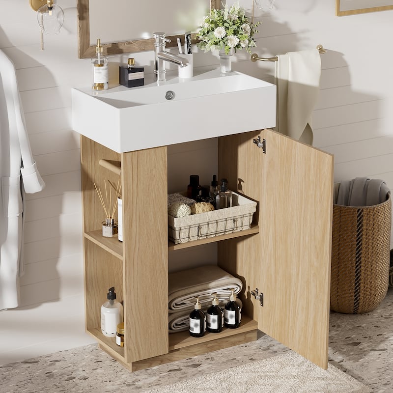 GDFStudio - Malisa Rustic 21.6" Freestanding Wood Grain Cabinet Bathroom Vanity with Ceramic Sink, Door & Storage