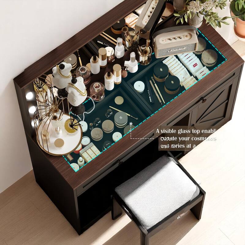 43.4" Makeup Vanity Table with LED Mirror & Stool - 3 Drawers, Adjustable Brightness, Dressing Desk