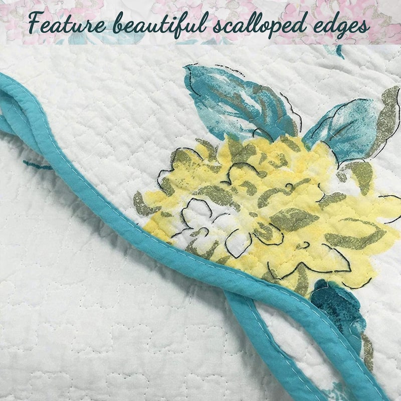 Cozy Line Lowe 3- piece Floral Reversible Cotton Quilt Bedding Set - Aqua/White/Pink/Yellow