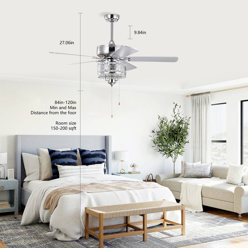 Classic Crystal Ceiling Fan Light with 5 Blades and Speed Adjustment, Reversible Motor for Bedroom and Living Room