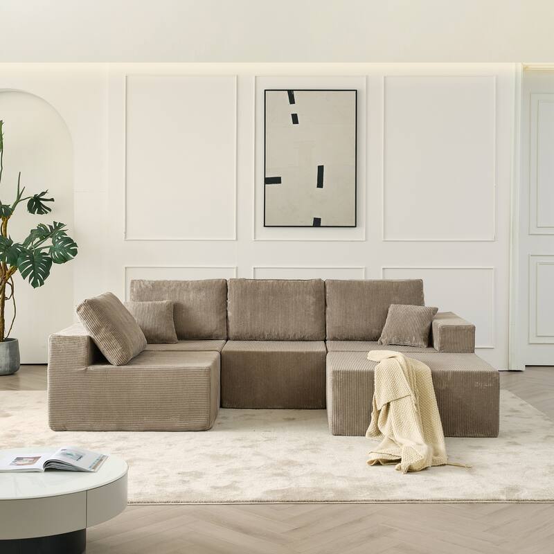 Modular L Shaped Sectional Sofa with Ottoman, Corduroy Boneless Cloud Sofa, 4 Seater Compressed Sofa with 2 Pillows